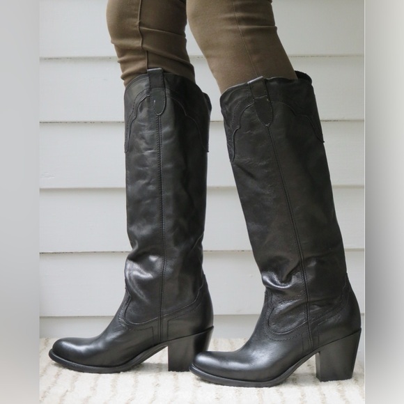 Frye Shoes - Frye Tabitha Tall Black Genuine Leather Knee High Equestrian Western Heeled Boot